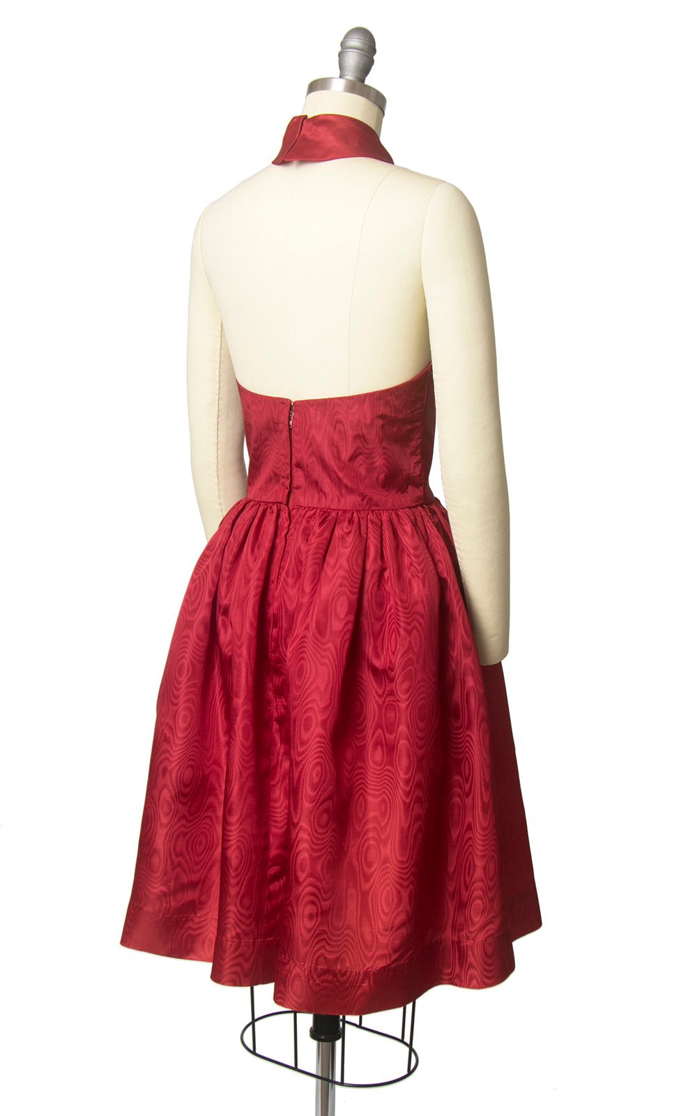 Vintage 1960s Dress | 60s Red Satin Halter Bow Open Back Full Skirt Party Dress with Pockets (x-small)