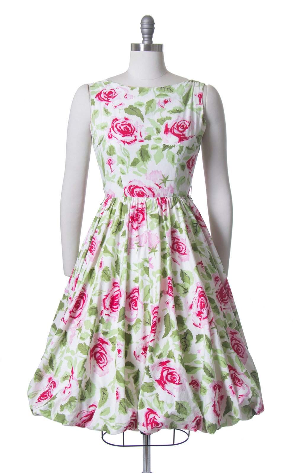 Vintage 1950s Dress | 50s JERRY GILDEN Rose Floral Print Cotton Sundress White Red Bubble Hem Day Dress (small)