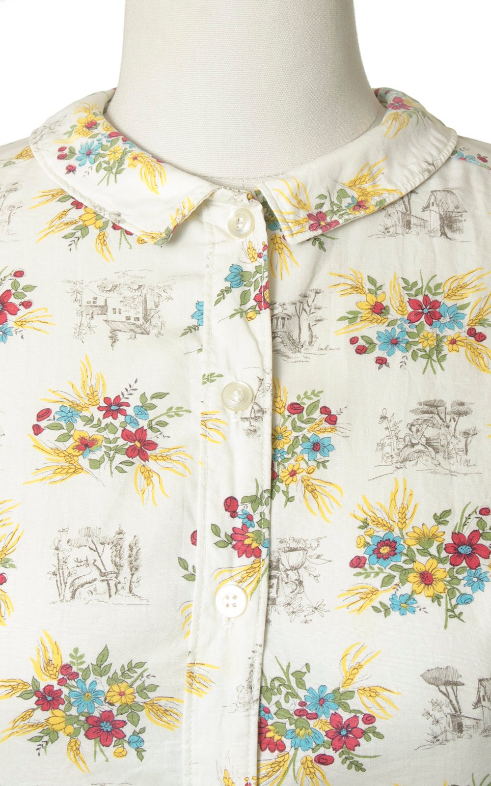 Vintage 1950s Dress | 50s Floral Animal Novelty Print Cotton Shirt Dress Cream Full Skirt Shirtwaist Day Dress (small)