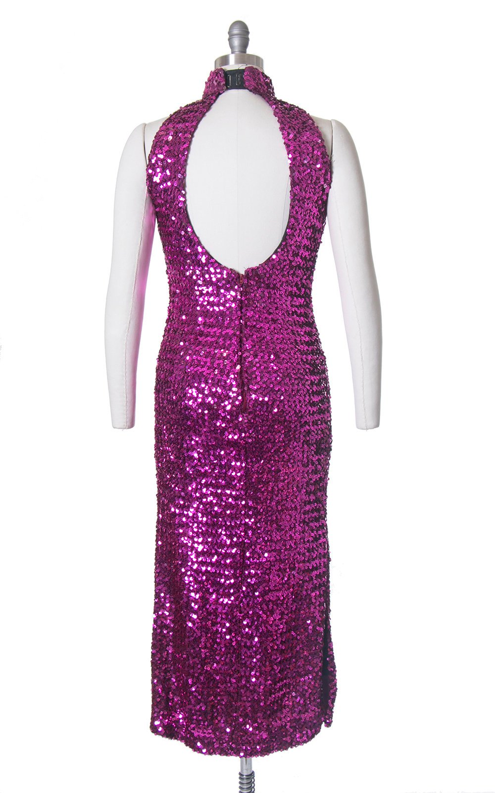 Vintage 1980s Dress | 80s Sequin Sparkly Purple Pink Halter Open Back Full Length Burlesque Holiday Party Dress (small/medium)