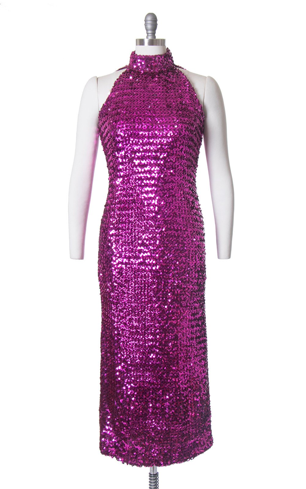 Vintage 1980s Dress | 80s Sequin Sparkly Purple Pink Halter Open Back Full Length Burlesque Holiday Party Dress (small/medium)