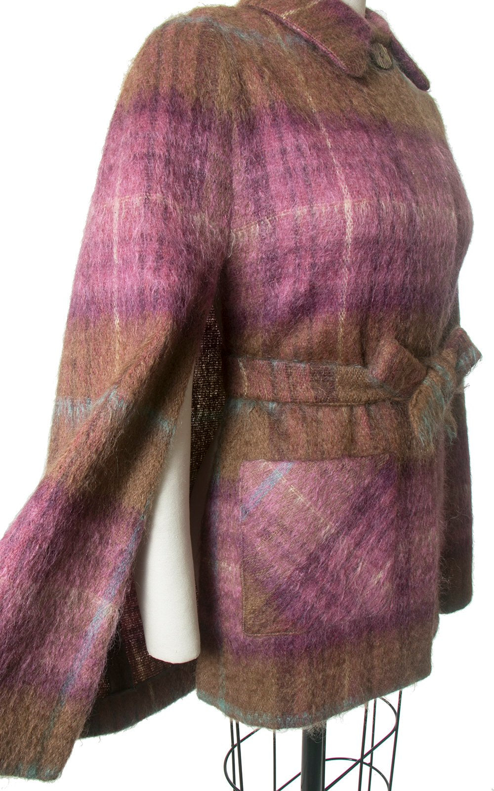 Vintage 1970s Cape | 70s ANDREW STEWART Scottish Plaid Mohair Wool Purple Brown Belted Tartan Poncho Coat (small/medium)