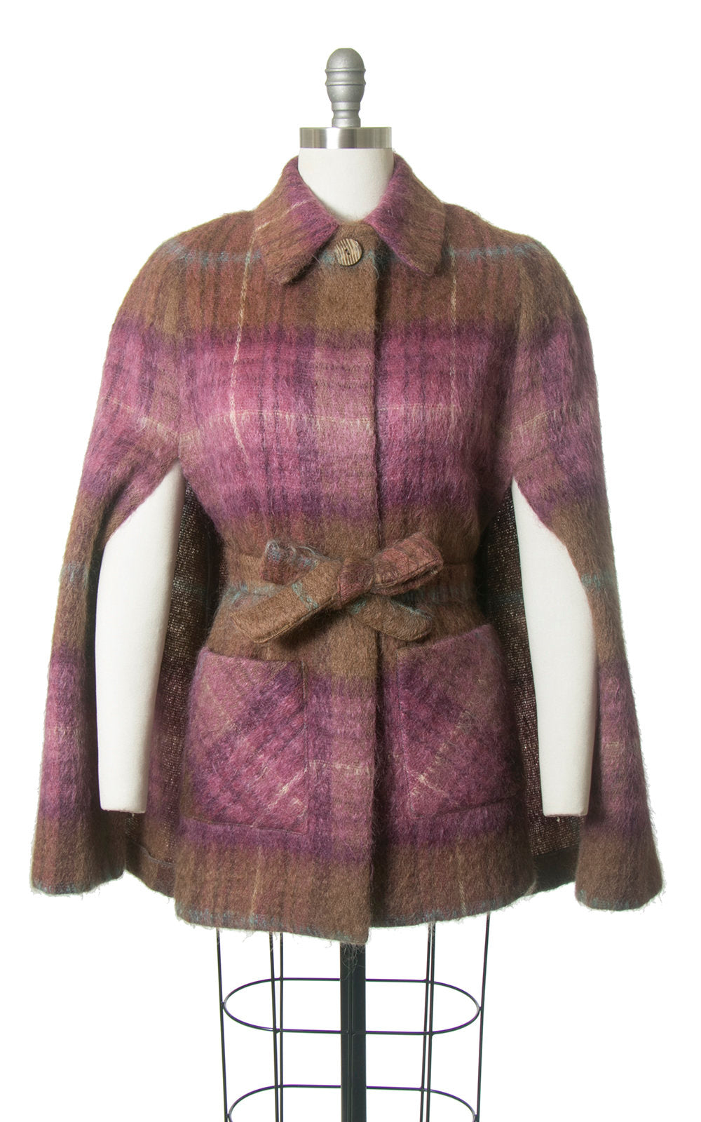 Vintage 1970s Cape | 70s ANDREW STEWART Scottish Plaid Mohair Wool Purple Brown Belted Tartan Poncho Coat (small/medium)