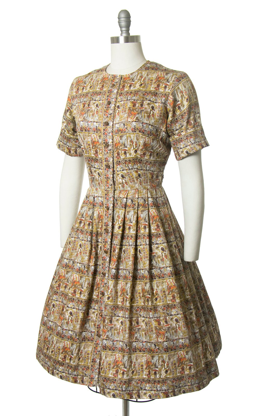 Vintage 1950s Dress | 50s Egyptian Novelty Print Cotton Shirt Dress Full Skirt Shirtwaist Day Dress (medium)
