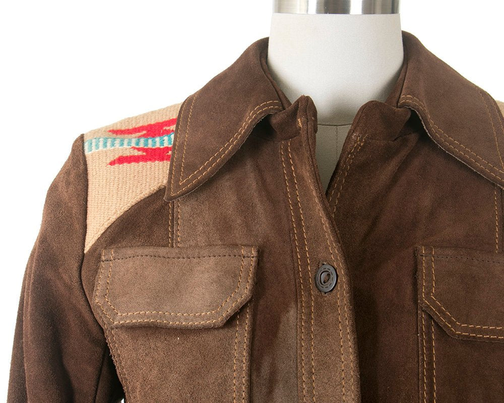 Vintage 1970s Jacket | 70s MS PIONEER Chimayo Wool Brown Suede Southwestern Hand-Woven Blanket Bohemian Coat (medium)