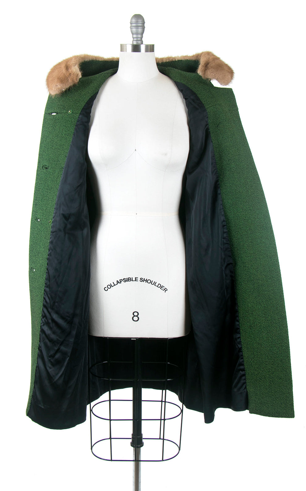 1960s Green Coat with Marmot Fur Trim & Dramatic Collar