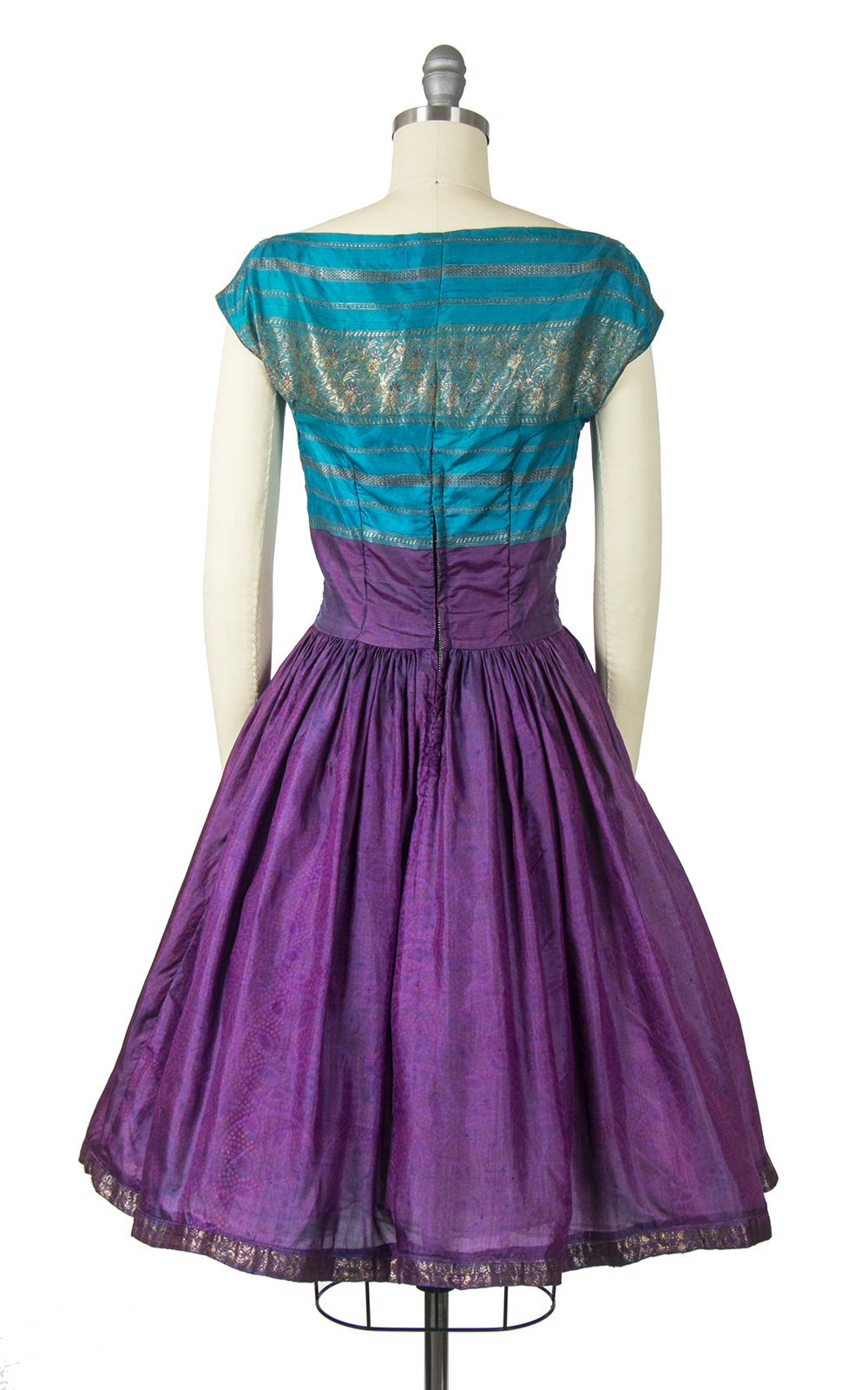 Vintage 1950s Dress | 50s Silk Color Block Indian Style Metallic Floral Blue Purple Full Skirt Party Dress (small)
