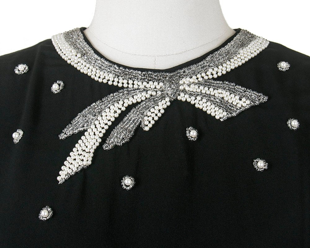 Vintage 1950s Blouse | 50s Beaded Bow Black Rayon Cropped Holiday Cocktail Party Top (medium)