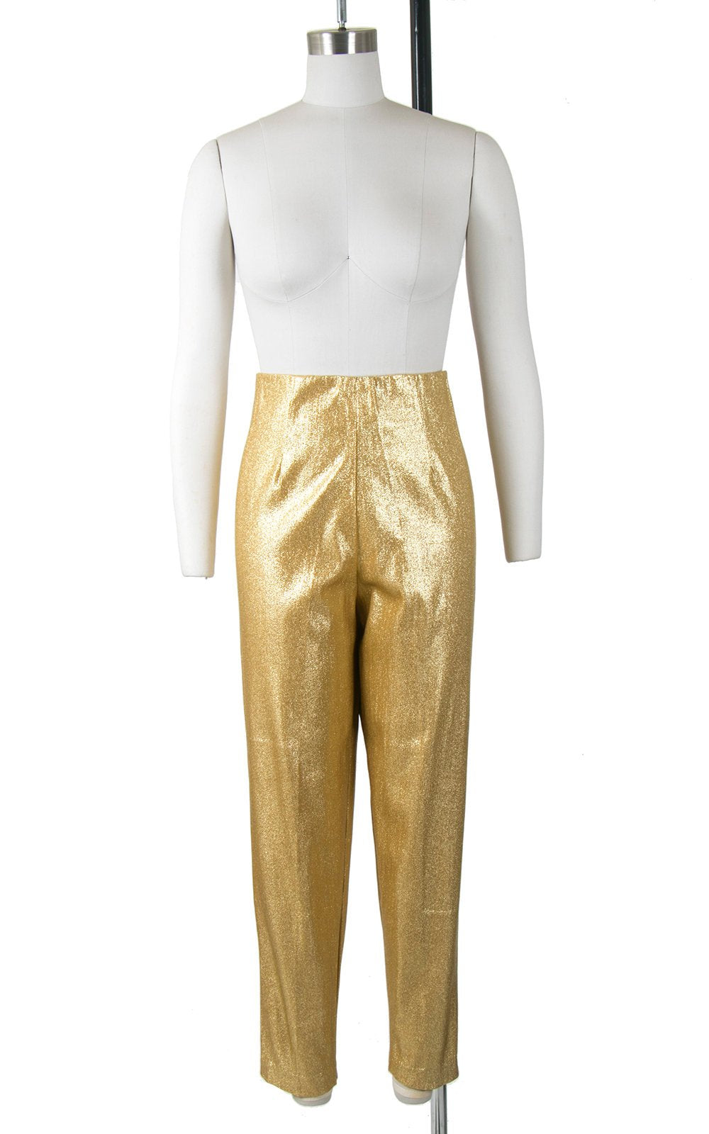 Vintage 1950s Pants | 50s Metallic Gold Lamé Cigarette Pants Sparkly High Waisted Stretchy Capris (medium)