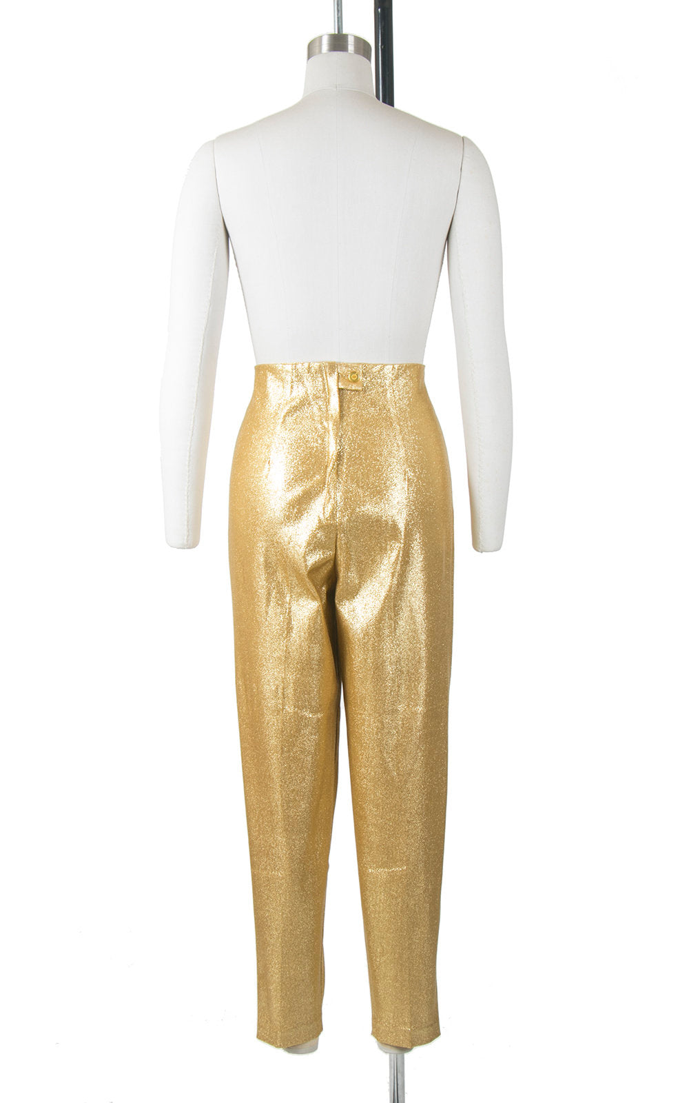 Vintage 1950s Pants | 50s Metallic Gold Lamé Cigarette Pants Sparkly High Waisted Stretchy Capris (medium)