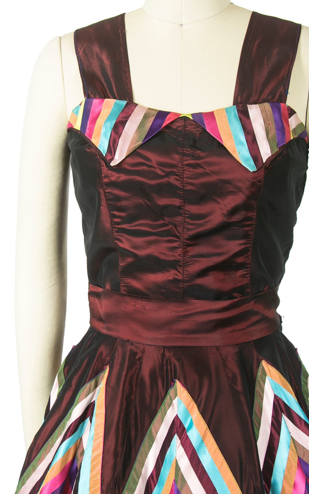 Vintage 1950s Dress Set | 50s Rainbow Chevron Striped Taffeta Circle Skirt Sleeveless Top Holiday Party Dress (small)