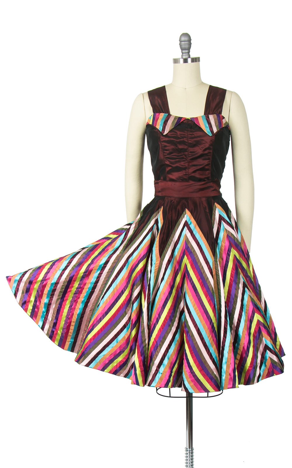 Vintage 1950s Dress Set | 50s Rainbow Chevron Striped Taffeta Circle Skirt Sleeveless Top Holiday Party Dress (small)