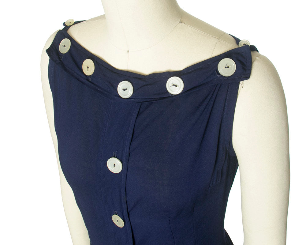 Vintage 1950s Dress | 50s Navy Blue Cotton Sundress Button Up Wiggle Sheath Day Dress (small)