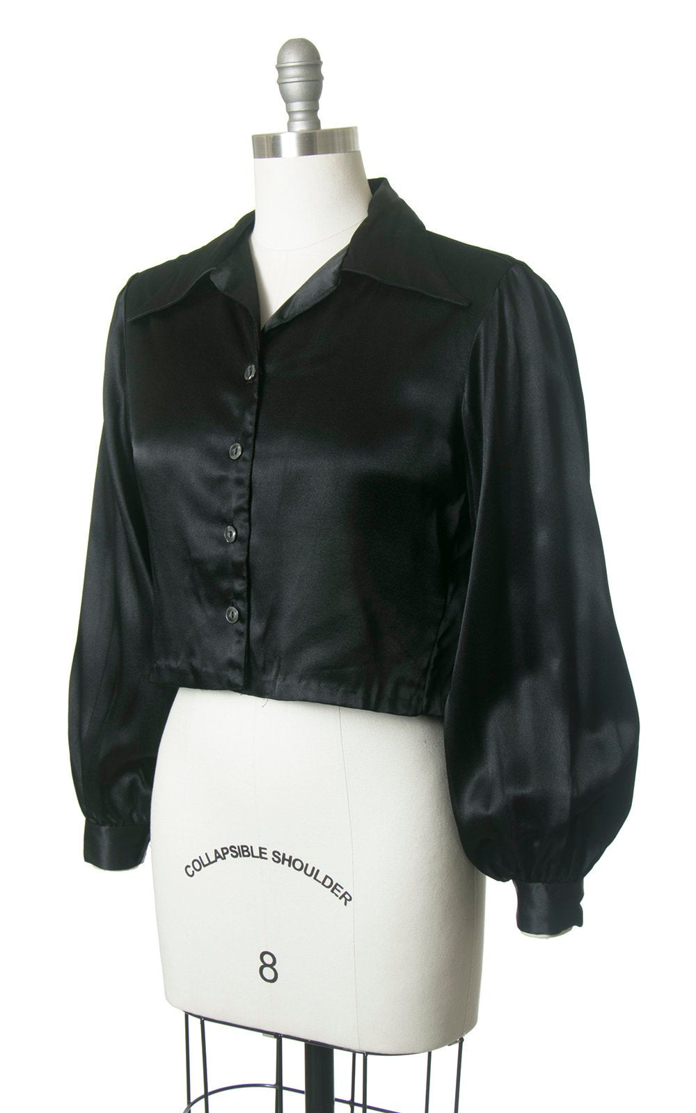 Vintage 1960s 1970s Blouse | 60s 70s does 1940s Black Satin Cropped Bishop Sleeve Art Deco Disco Crop Top (medium)
