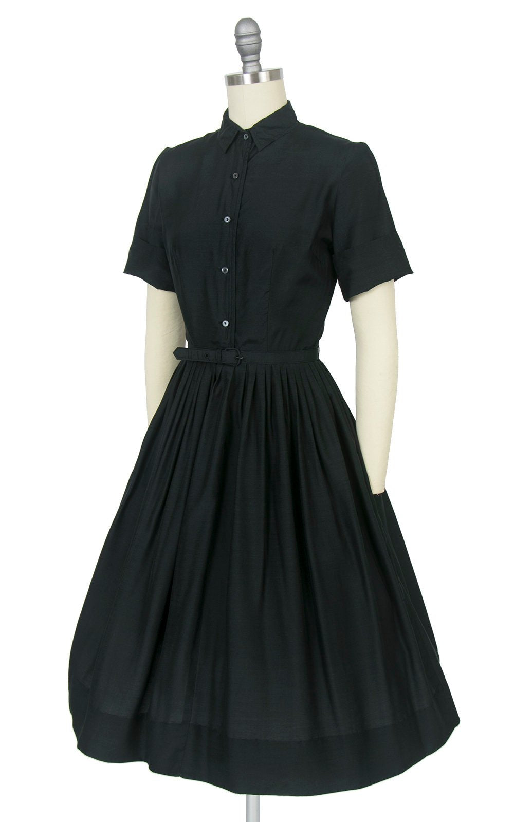 1950s Silk Black Belted Shirt Dress