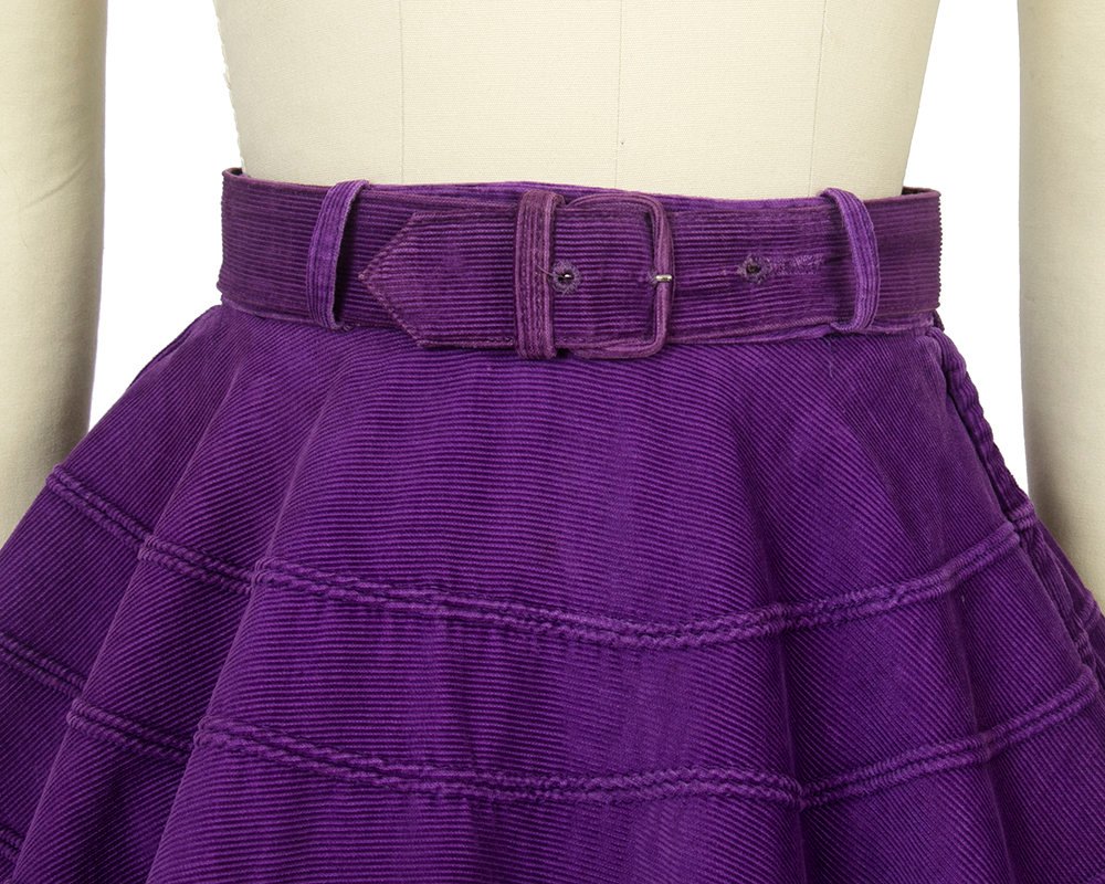 Vintage 1950s Circle Skirt | 50s Royal Purple Cotton Corduroy Belted Swing Skirt (x-small)