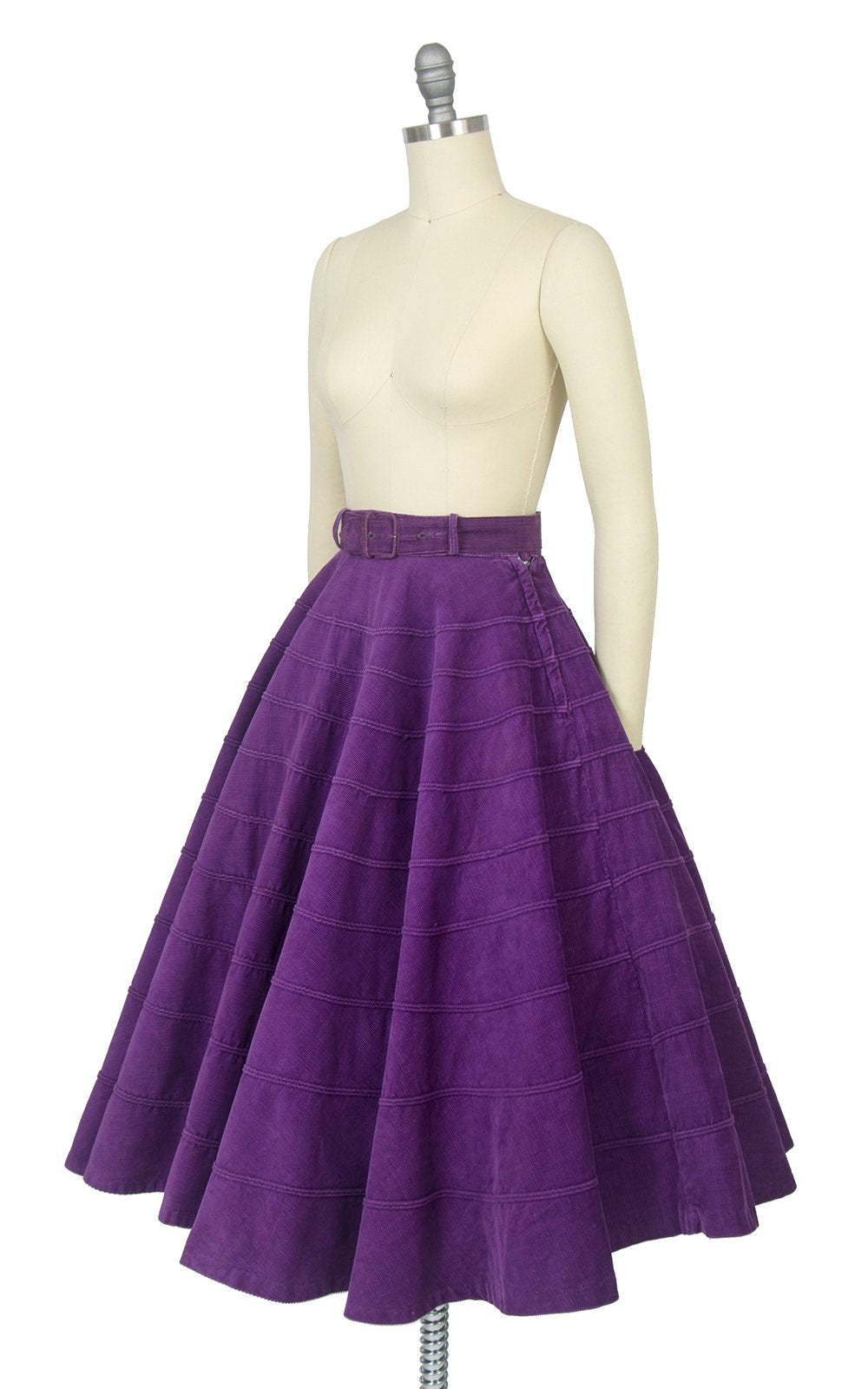 Vintage 1950s Circle Skirt | 50s Royal Purple Cotton Corduroy Belted Swing Skirt (x-small)