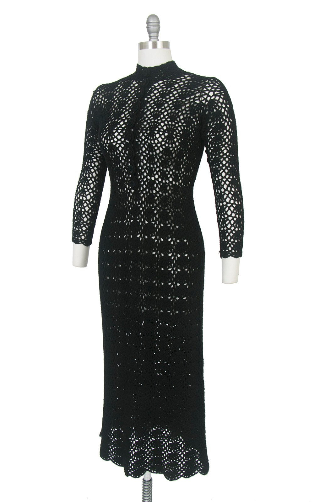 Vintage 1970s Sweater Dress | 70s Black Crochet See Through Sheer Long Sleeve Witchy Boho Midi Dress (small)