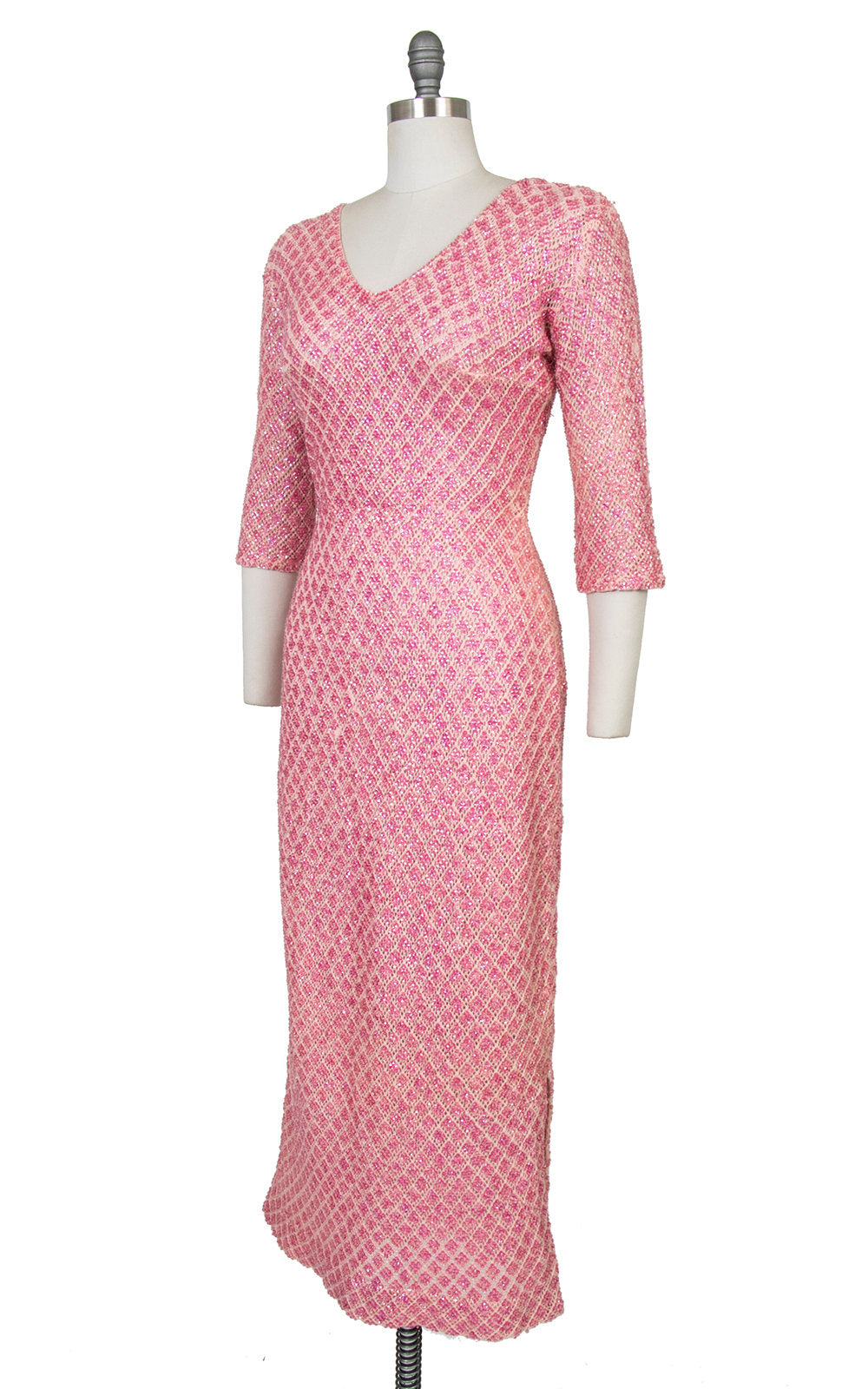 Vintage 1960s Sweater Dress | 60s Pink Iridescent Sequin Beaded Knit Wool Full Length Formal Evening Party Gown (medium/large)