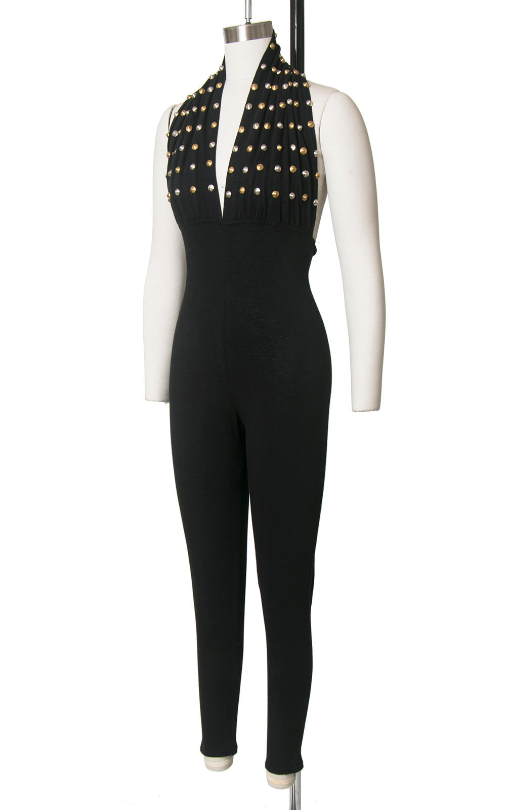 Vintage 1980s Jumpsuit | 80s Metal Studded Halter Black Stretchy Bodycon Open Back Catsuit (x-small/small)