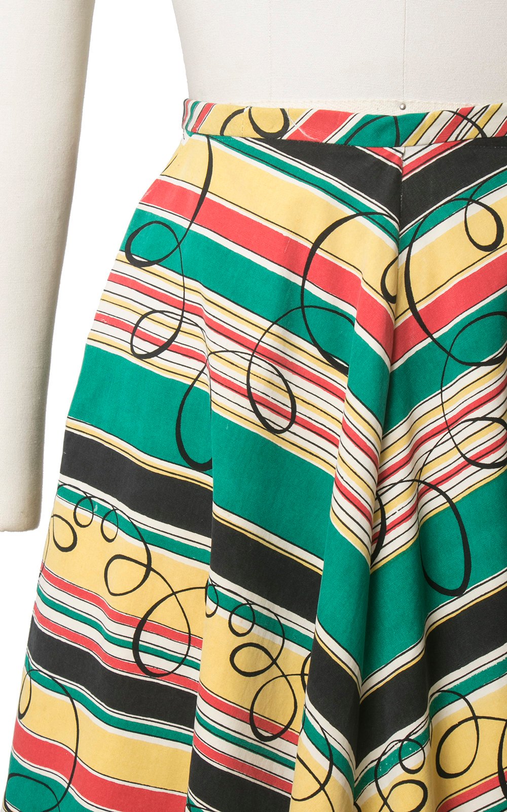 Vintage 1940s Skirt | 40s Striped Chevron Swirl Printed Colorful Cotton Full Swing Skirt (small)