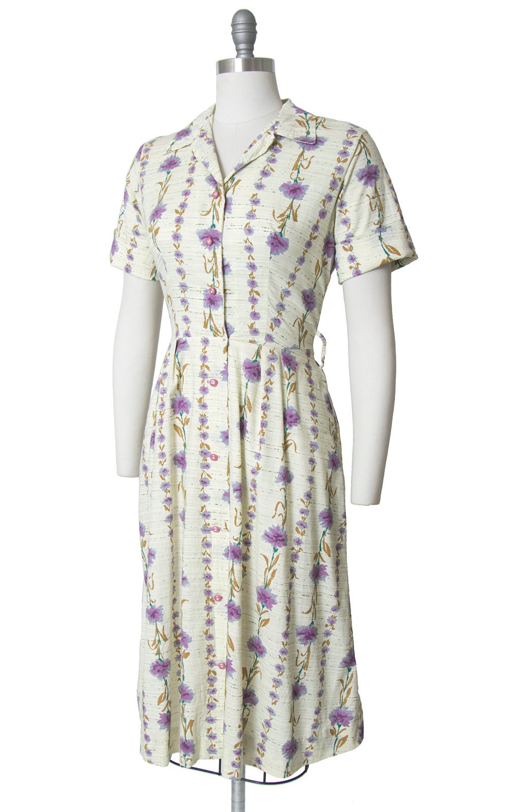 Vintage 1940s Dress | 40s Carnation Floral Print Cotton Shirt Dress Cream Purple Striped Shirtwaist Day Dress (medium)