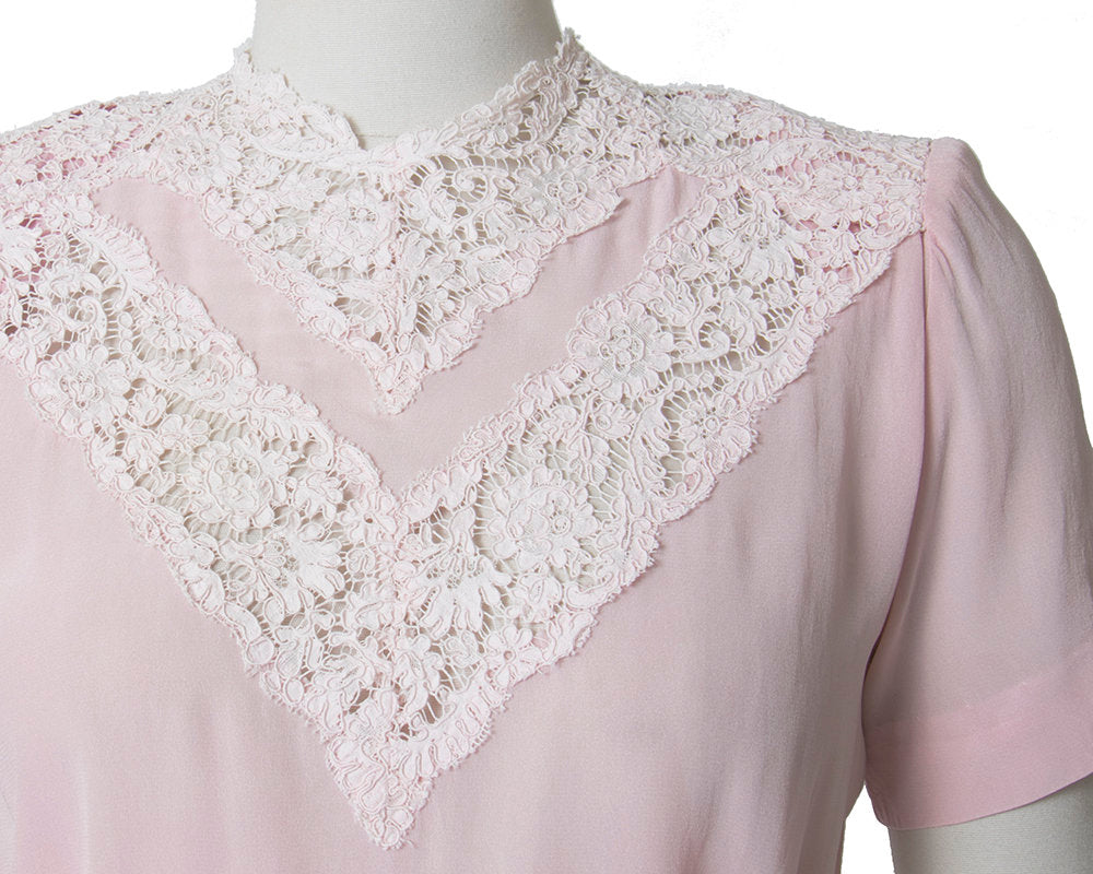 Vintage 1940s Blouse | 40s Rayon Lace Light Pink Button Back Short Sleeve Top (medium)