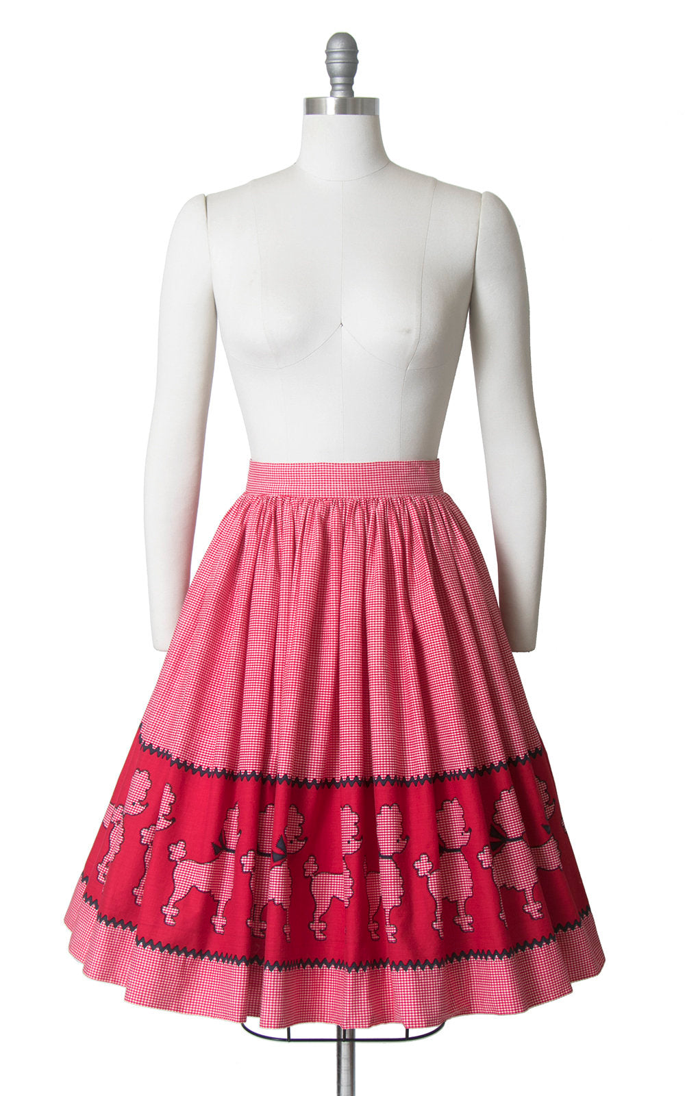 Vintage 1950s Skirt | 50s Poodle Novelty Border Print Cotton Red Gingham Full Swing Skirt (medium)