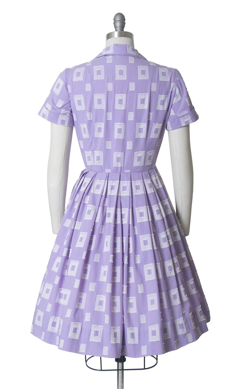 Vintage 1950s Dress | 50s Purple Cotton Square Printed Shirt Dress Full Skirt Shirtwaist Day Dress (medium)