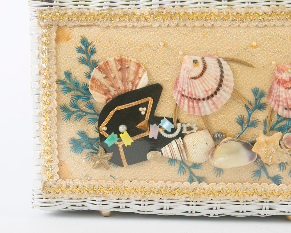 Vintage 1960s Box Purse | 60s ATLAS Novelty Wicker Fish Seashell Shell White Under The Sea Handbag