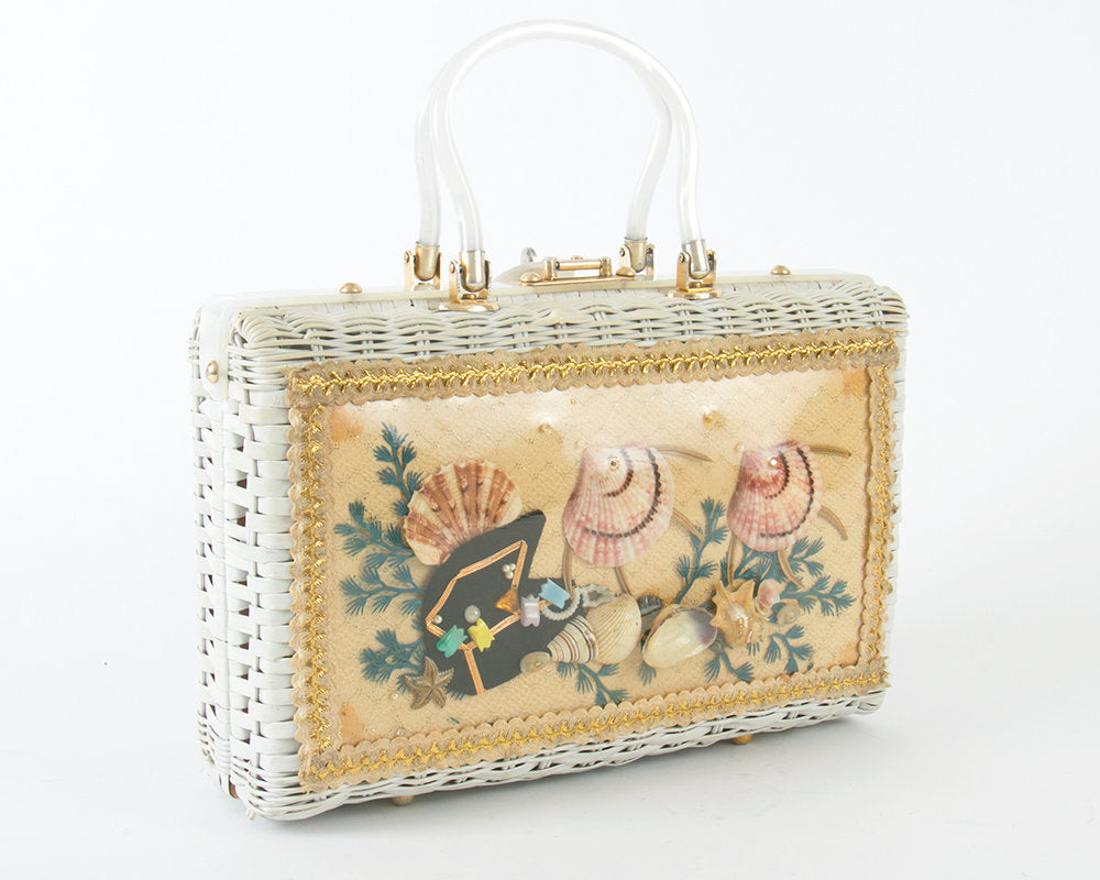 Vintage 1960s Box Purse | 60s ATLAS Novelty Wicker Fish Seashell Shell White Under The Sea Handbag