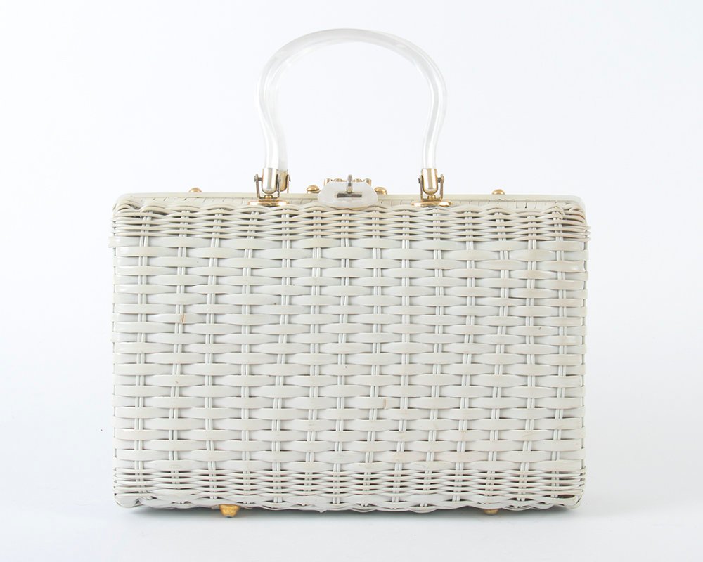 Vintage 1960s Box Purse | 60s ATLAS Novelty Wicker Fish Seashell Shell White Under The Sea Handbag