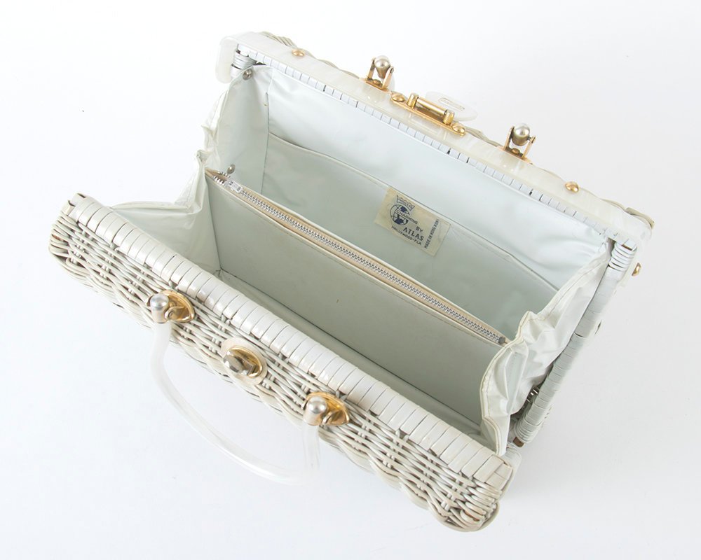 Vintage 1960s Box Purse | 60s ATLAS Novelty Wicker Fish Seashell Shell White Under The Sea Handbag