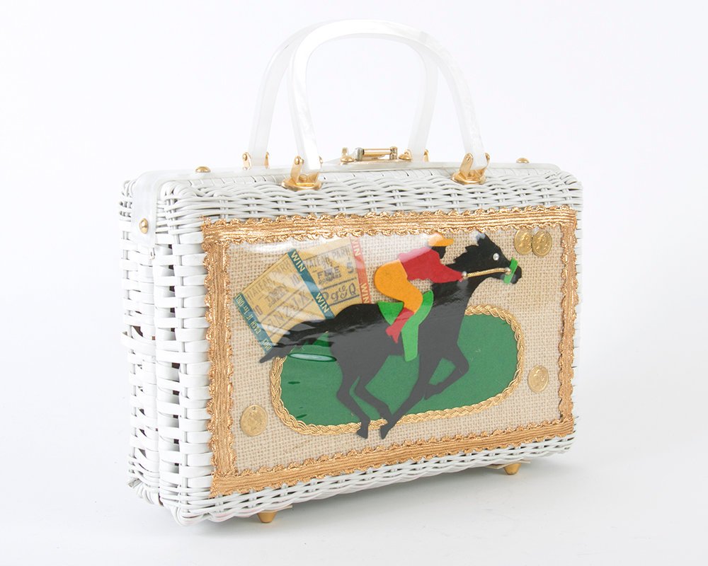 Vintage 1960s Box Purse | 60s ATLAS Equestrian Horse Racing Novelty White Lucite Wicker Handbag