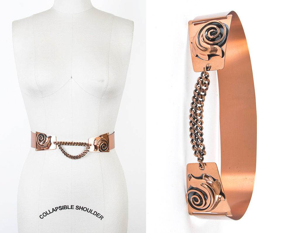 Vintage 1950s Cinch Belt | 50s Copper Metal Chain Wide High Waist Belt (small/medium)