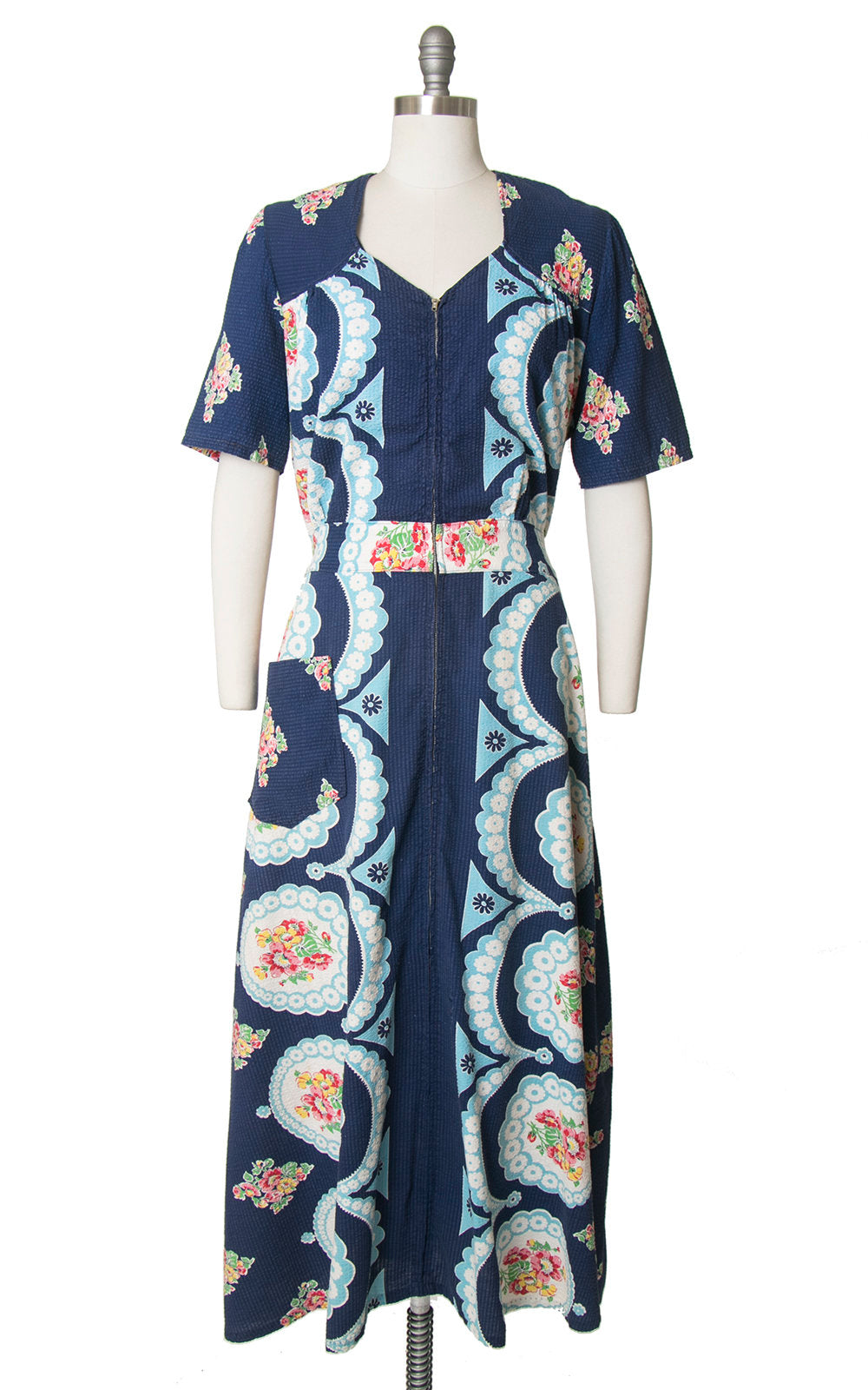 Vintage 1940s Dress | 40s Floral Cotton Dressing Gown Navy Blue Maxi Day House Dress (large/x-large)