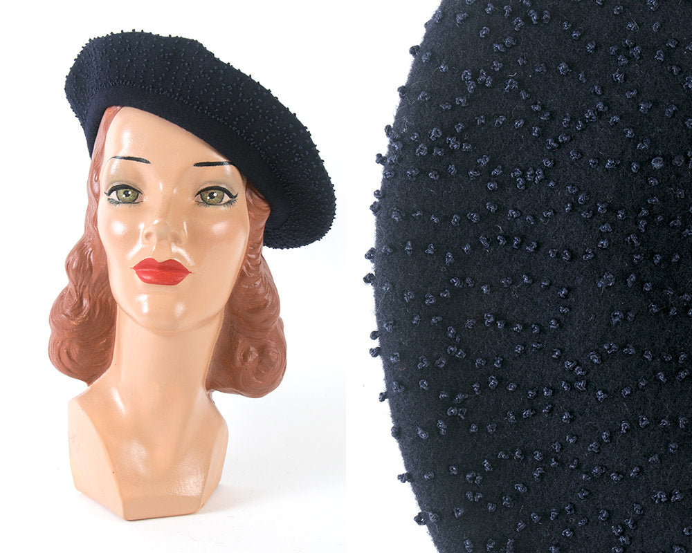 Vintage 1940s 1950s Hat | 40s 50s French Knot Beret Navy Blue Wool Tam