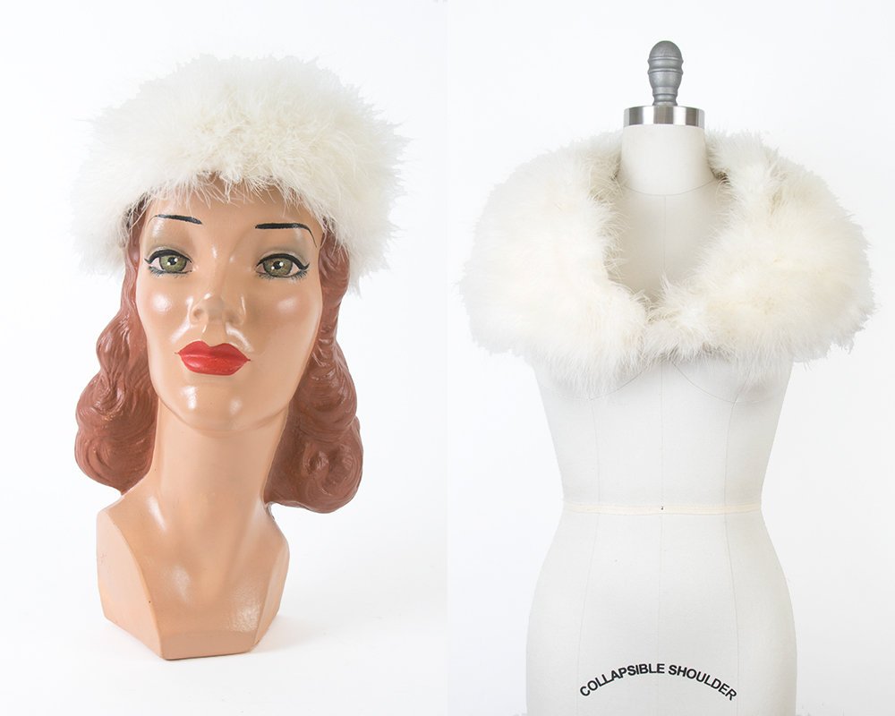 Vintage 1960s Hat + Wrap Set | 60s White Marabou Feather Pillbox Hat Bridal Wedding Party Stole