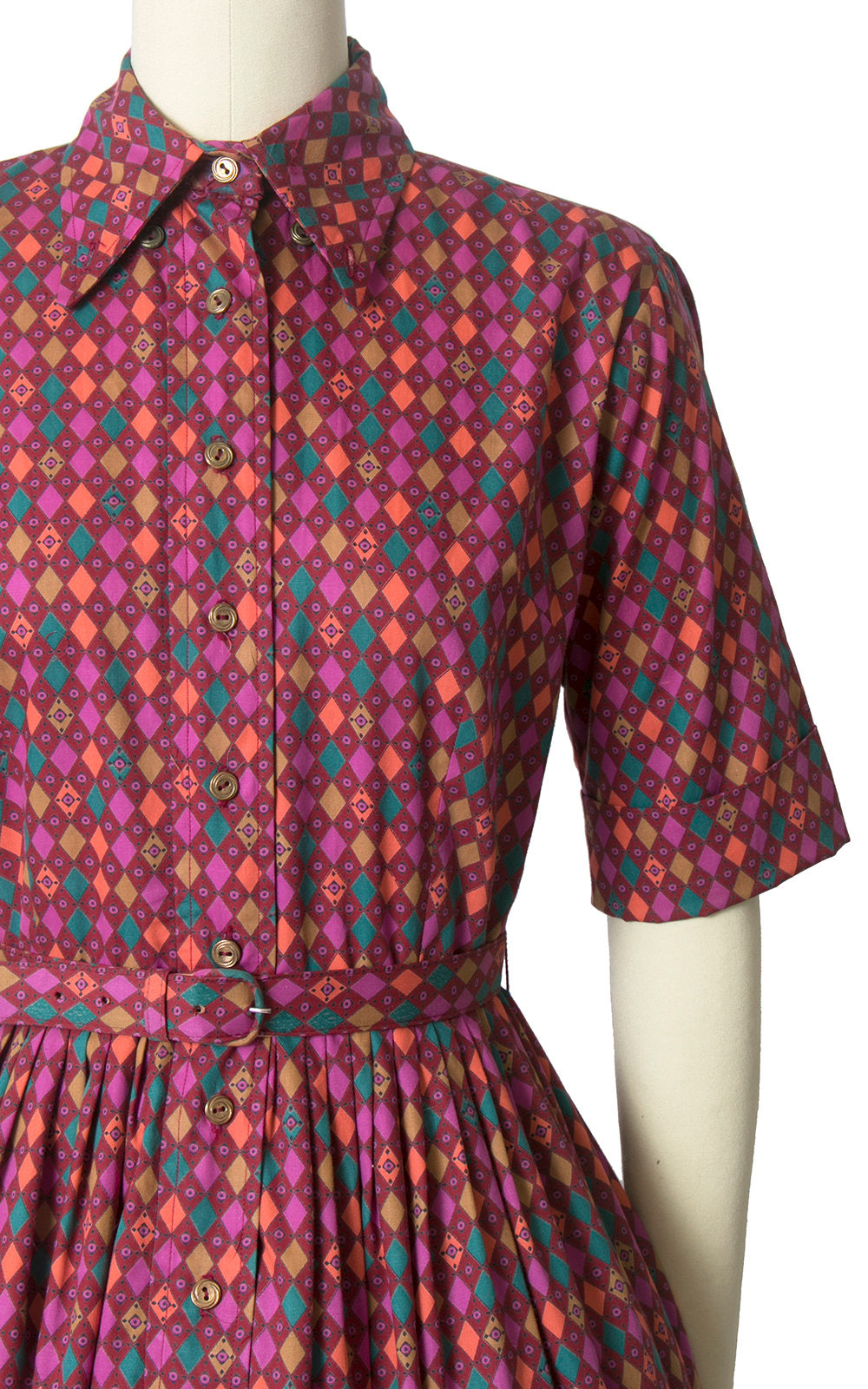 Vintage 1950s Dress | 50s Harlequin Printed Cotton Shirt Dress Full Skirt Shirtwaist Day Dress (small)