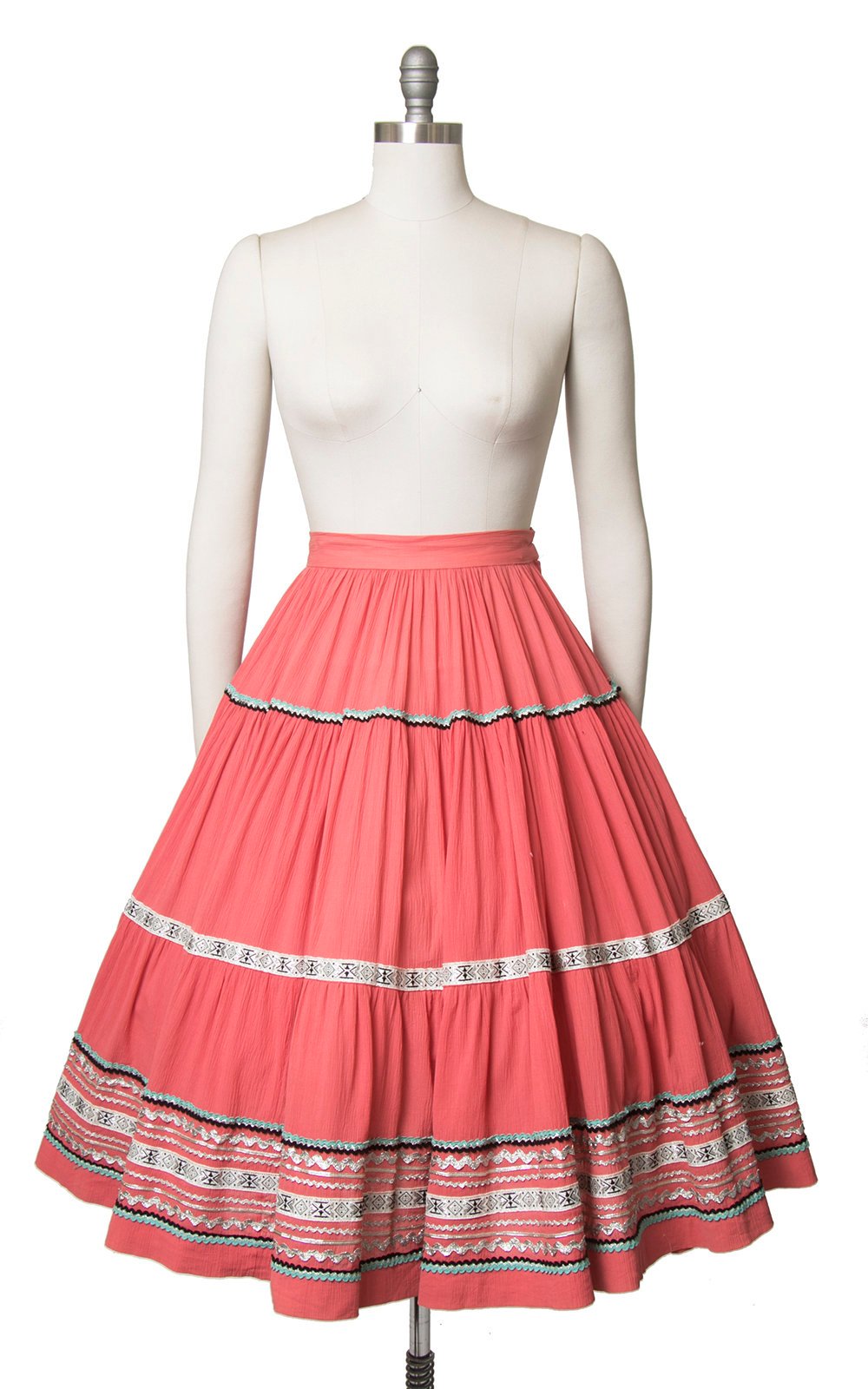 Vintage 1950s Circle Skirt | 50s Fiesta Patio Skirt Pink Ric Rac Southwestern Square Dance Skirt (small)