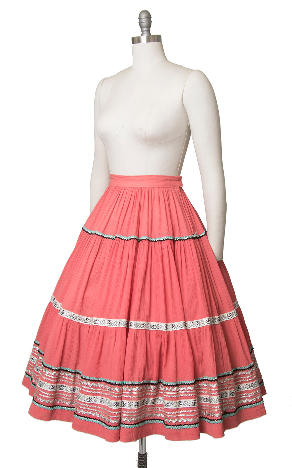 Vintage 1950s Circle Skirt | 50s Fiesta Patio Skirt Pink Ric Rac Southwestern Square Dance Skirt (small)