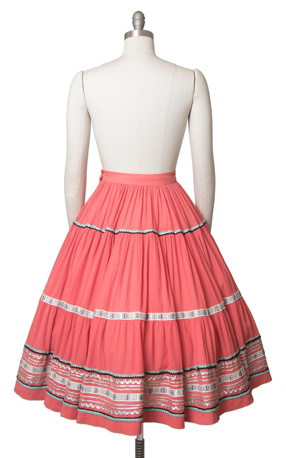 Vintage 1950s Circle Skirt | 50s Fiesta Patio Skirt Pink Ric Rac Southwestern Square Dance Skirt (small)