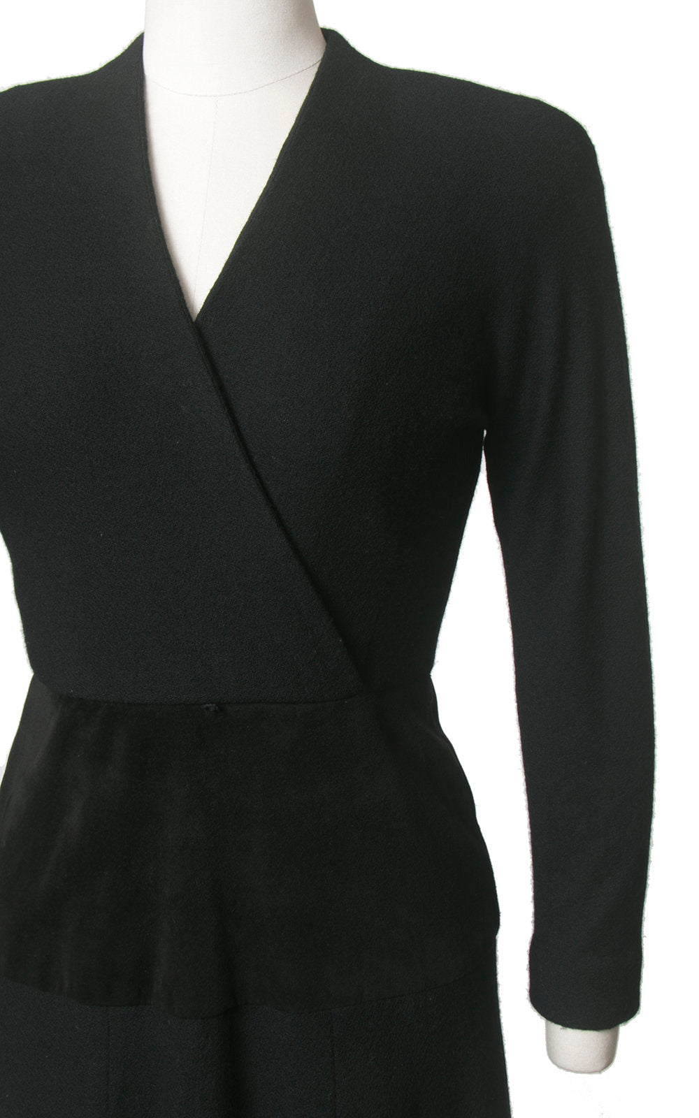 Vintage 1980s Dress | 80s does 1940s Black Wool Suede Long Sleeve Full Skirt Minimalist Midi Dress (small)