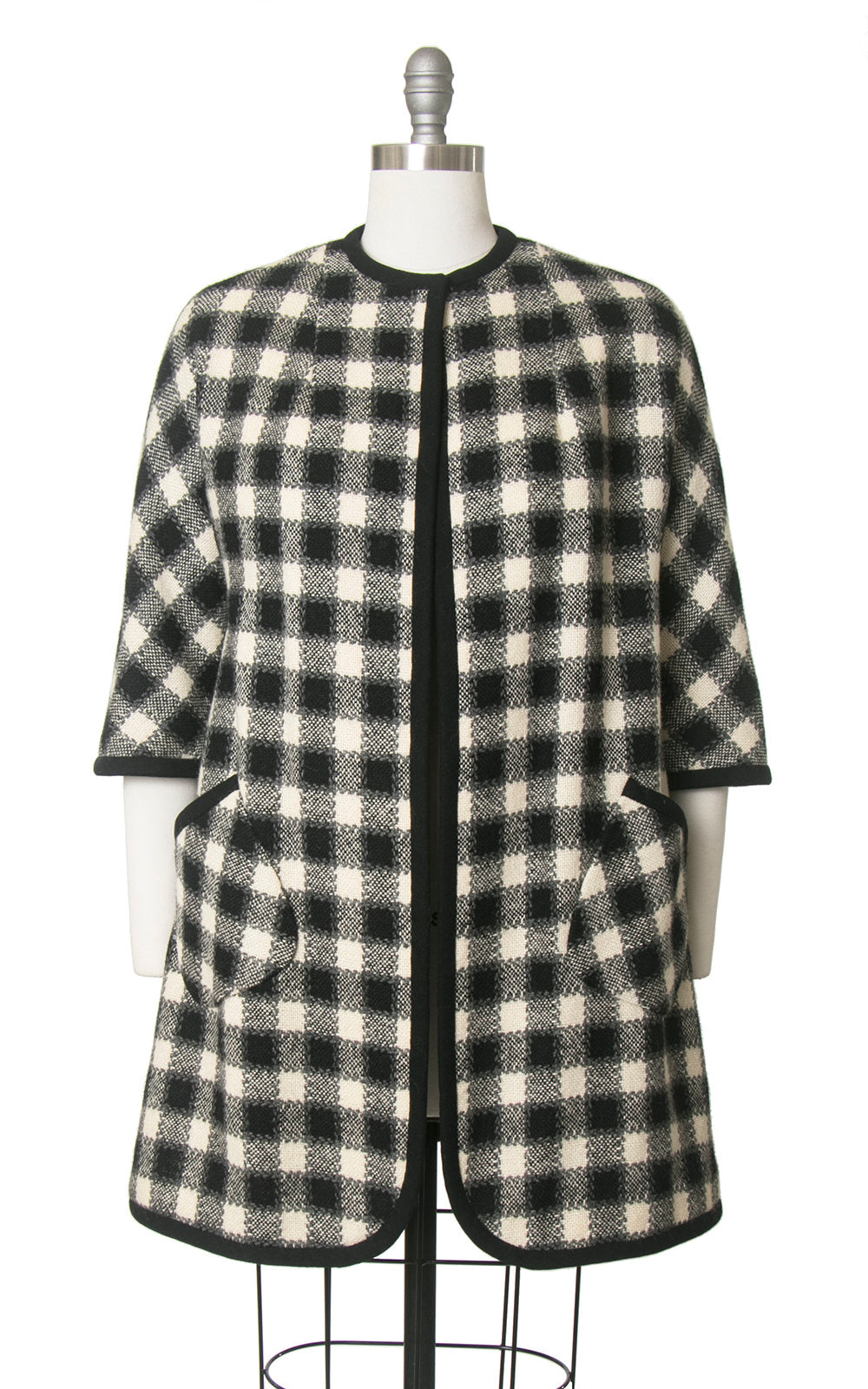 Vintage 1960s Swing Coat | 60s Checkered Wool Jacket Checked Black White Overcoat (small/medium)