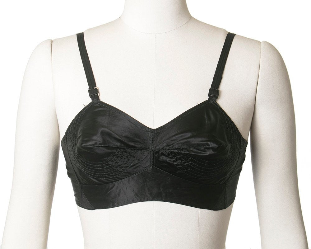 Vintage 1950s Bullet Bra | 50s Black Satin Circle Stitch Full Coverage Bra Without Underwire (30B 30C 32B 32C)