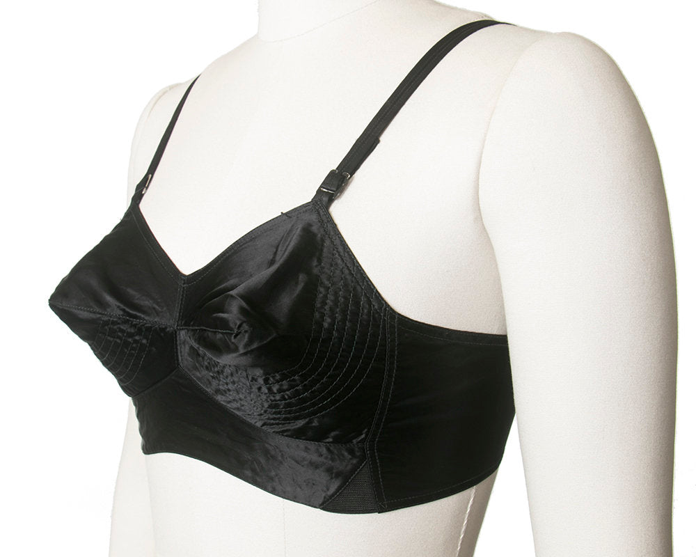 Vintage 1950s Bullet Bra | 50s Black Satin Circle Stitch Full Coverage Bra Without Underwire (30B 30C 32B 32C)