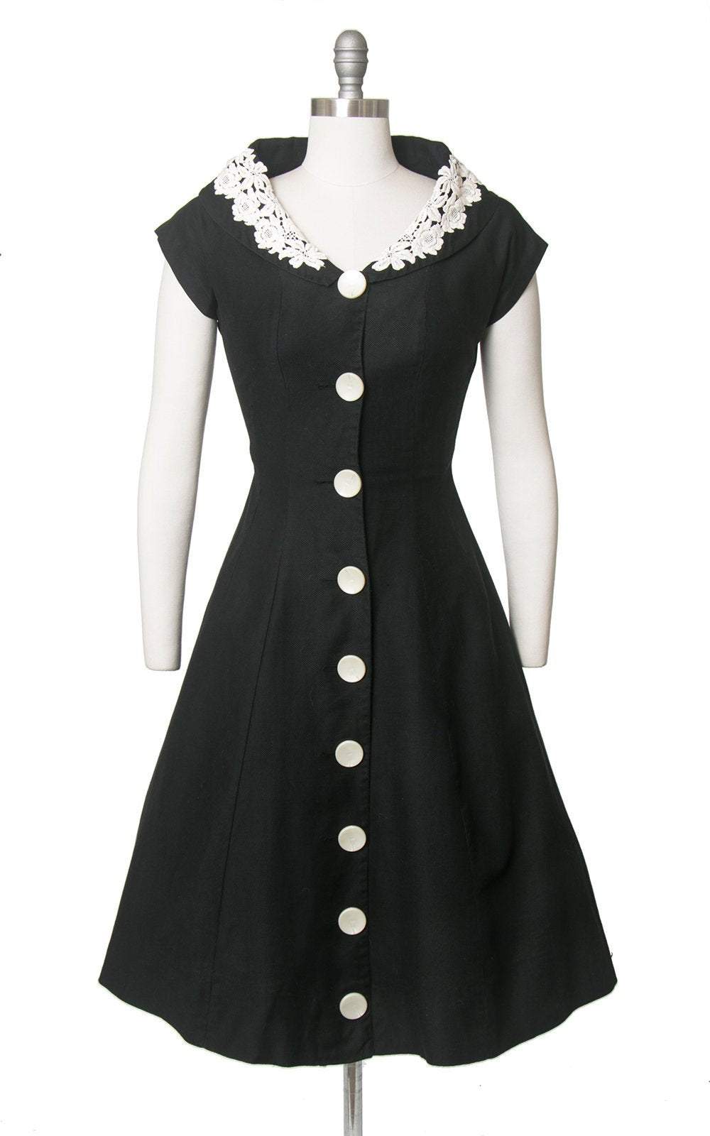 Vintage 1950s Dress | 50s Black Cotton Shirt Dress White Lace Shawl Collar Big Button Down Full Skirt Shirtwaist Day Dress (medium)