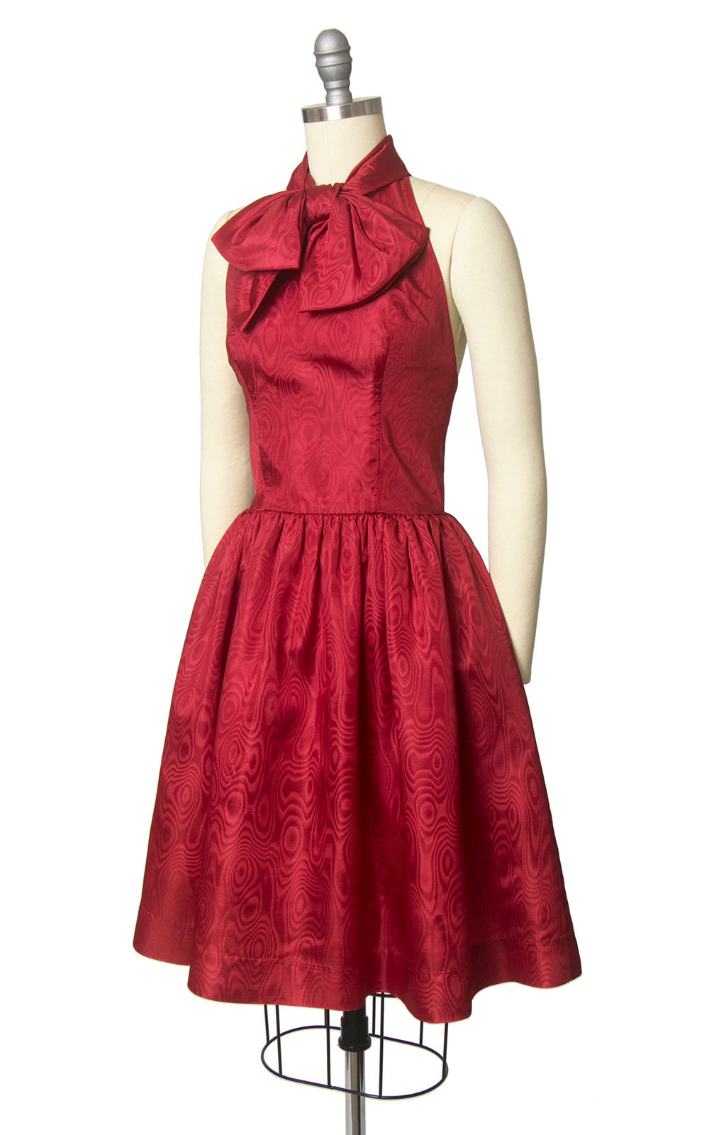 Vintage 1960s Dress | 60s Red Satin Halter Bow Open Back Full Skirt Party Dress with Pockets (x-small)