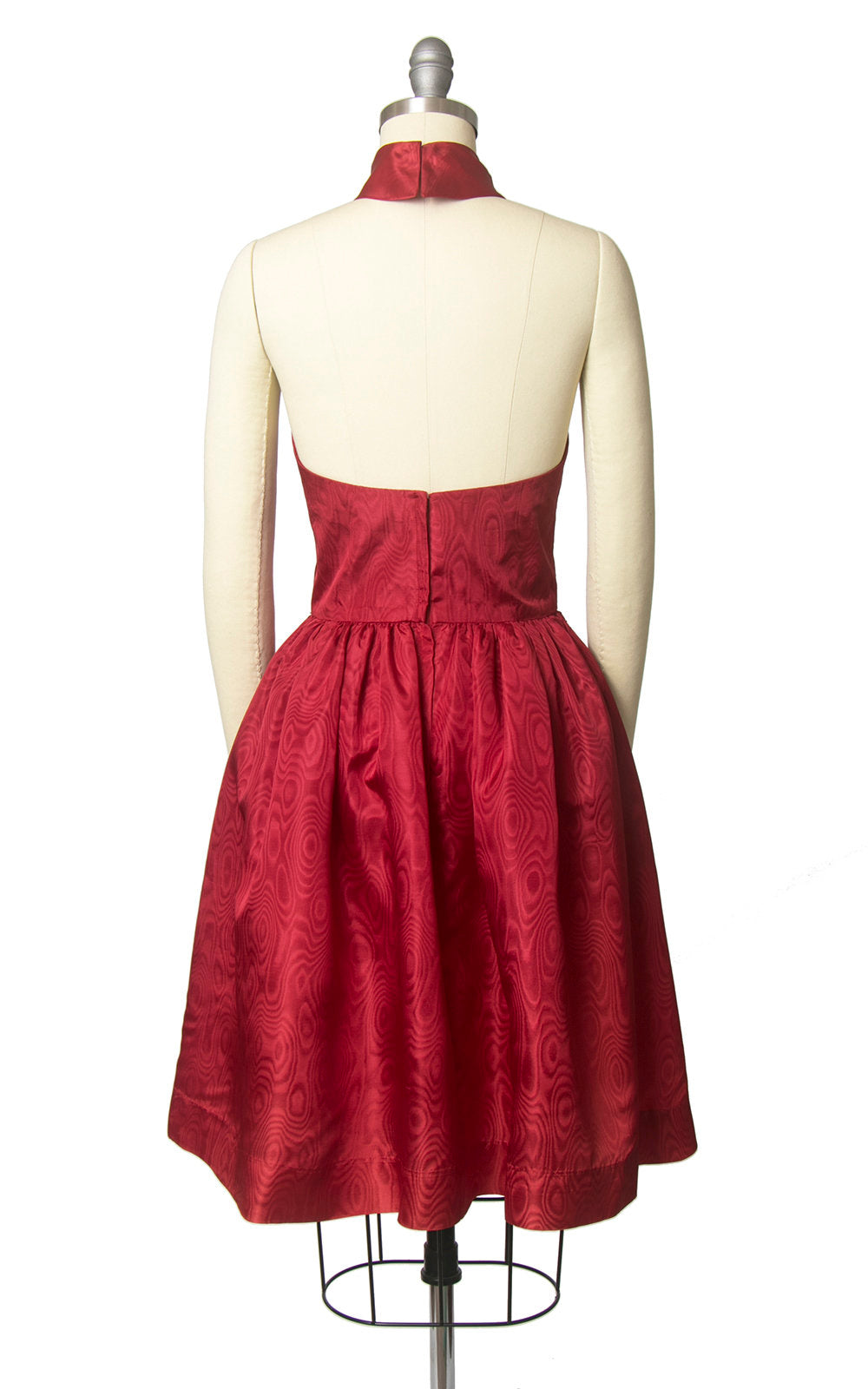 Vintage 1960s Dress | 60s Red Satin Halter Bow Open Back Full Skirt Party Dress with Pockets (x-small)