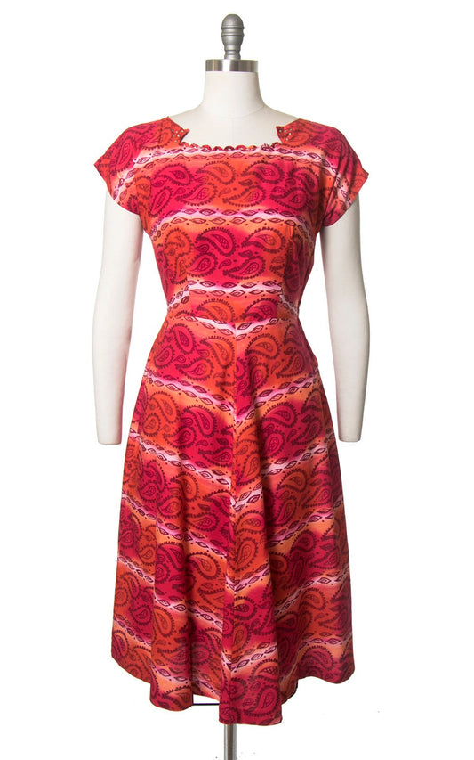 Vintage 1950s Dress | 50s Paisley Striped Cotton Rhinestones Red Orange Full Skirt Day Dress (medium)